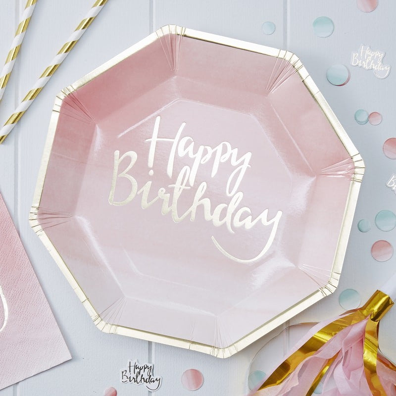 Gold Foiled Pink Ombre Happy Birthday Paper Plates by Ginger Snap