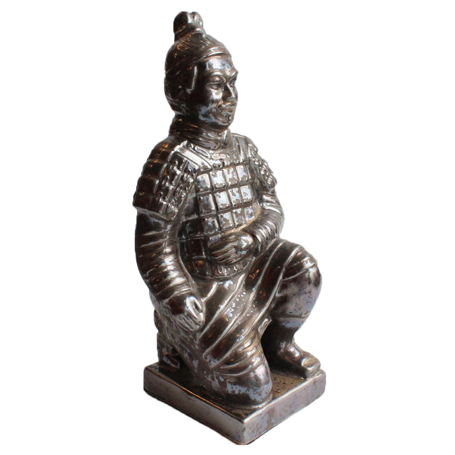 Kneeling Chinese Warrior Sculpture - Pewter Effect