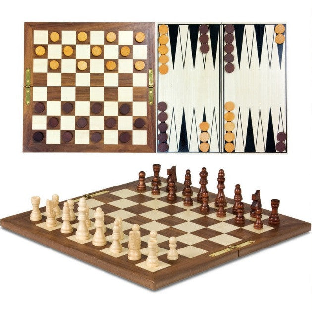 Draughts, Chess and Backgammon Set - 3 in 1 Wooden Games Set