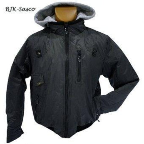 BJK Sasco Boys Jacket - Black / Grey Pinstripes with Grey Hood