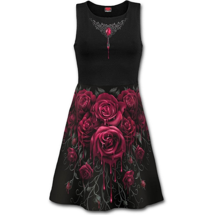 Women's Blood Rose Mesh Layered Midi Skater Dress
