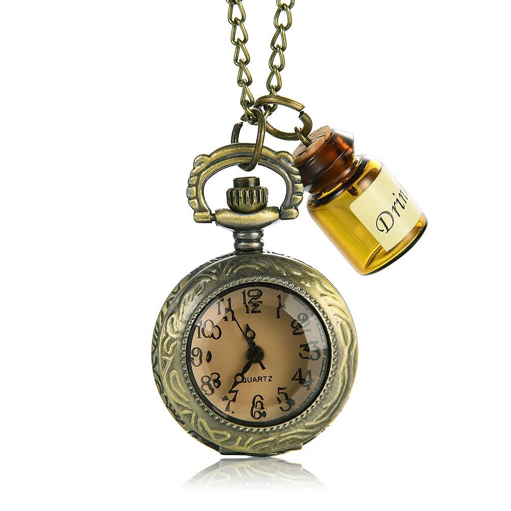 Vintage Style Alice in Wonderland Drink Me Bottle Pocket Watch Necklace