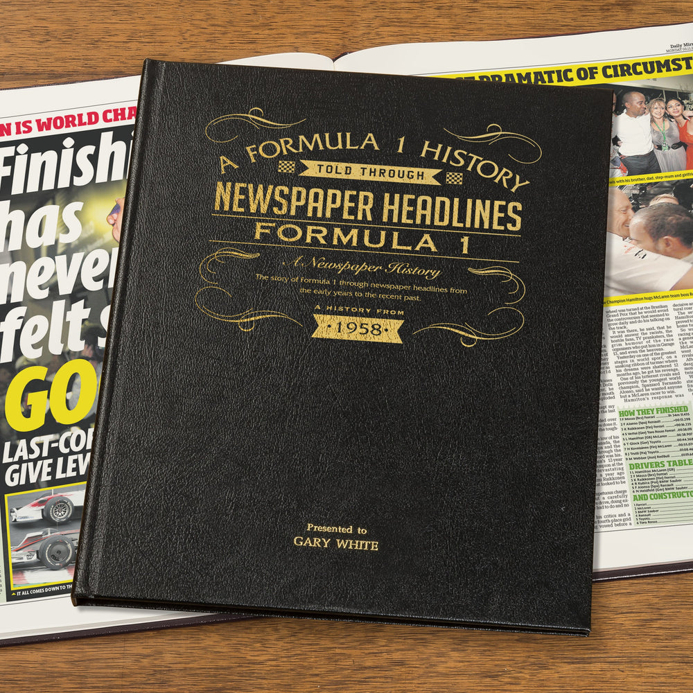 Personalised Formula One Newspaper Book - Black Leather Cover