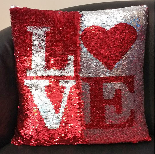 'Love' Red & Silver Magical Sequin Cushion 16"