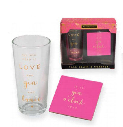 'All You Need Is Love & Gin & Tonic' Tall Glass & Coaster Set