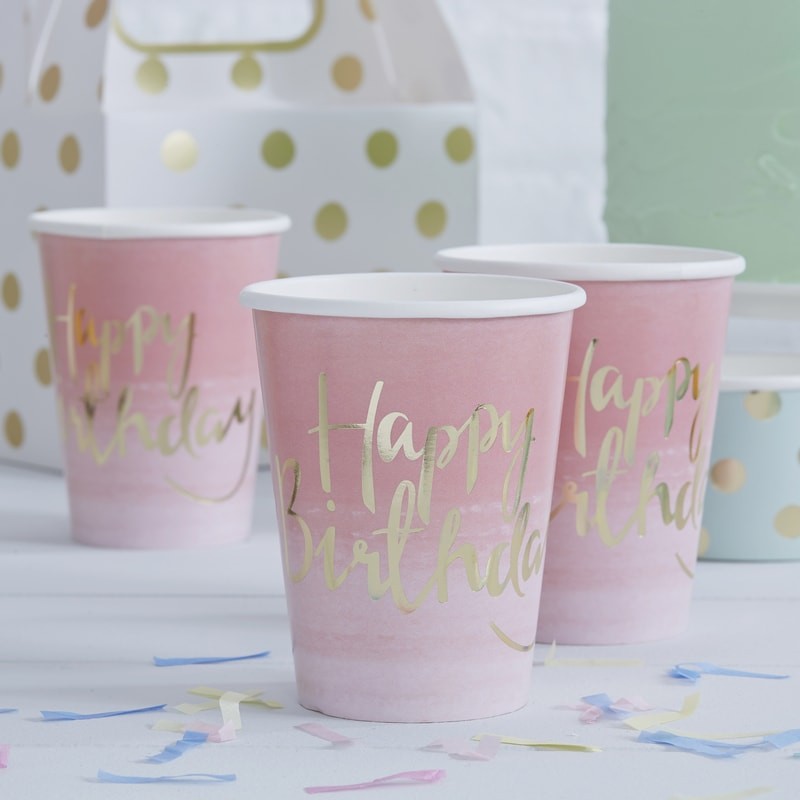 Gold Foiled Pink Ombre Happy Birthday Paper Cups by Ginger Snap