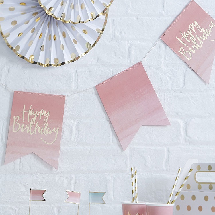Ombre Pink & Gold Foiled Happy Birthday Party Bunting