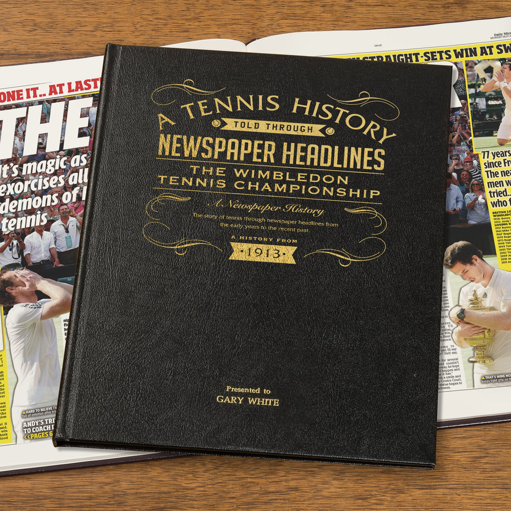 Personalised Wimbledon Tennis Newspaper Book - Black Leather Cover