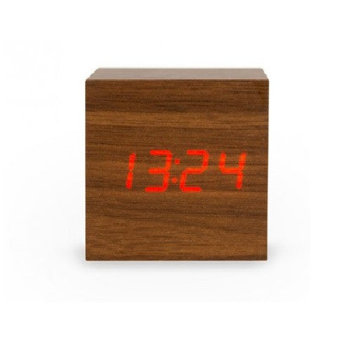 Walnut Wood Effect Interactive Single Display Cube Clock Red LED