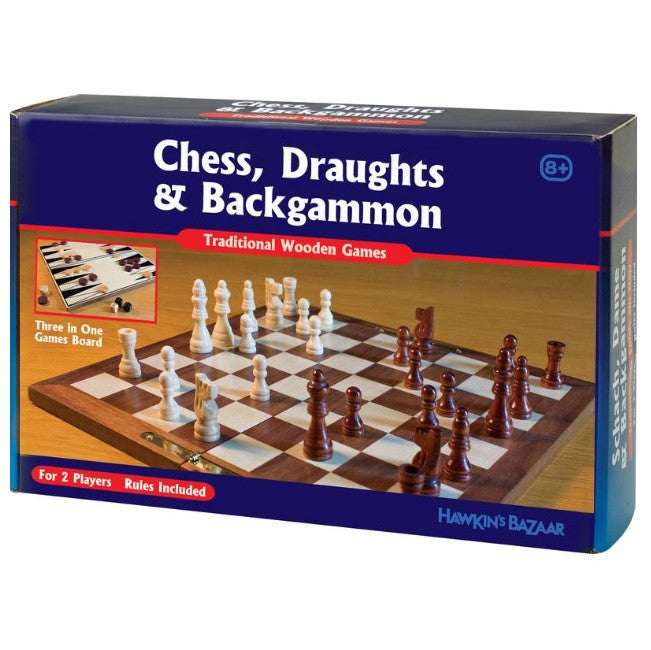 Draughts, Chess and Backgammon Set - 3 in 1 Wooden Games Set